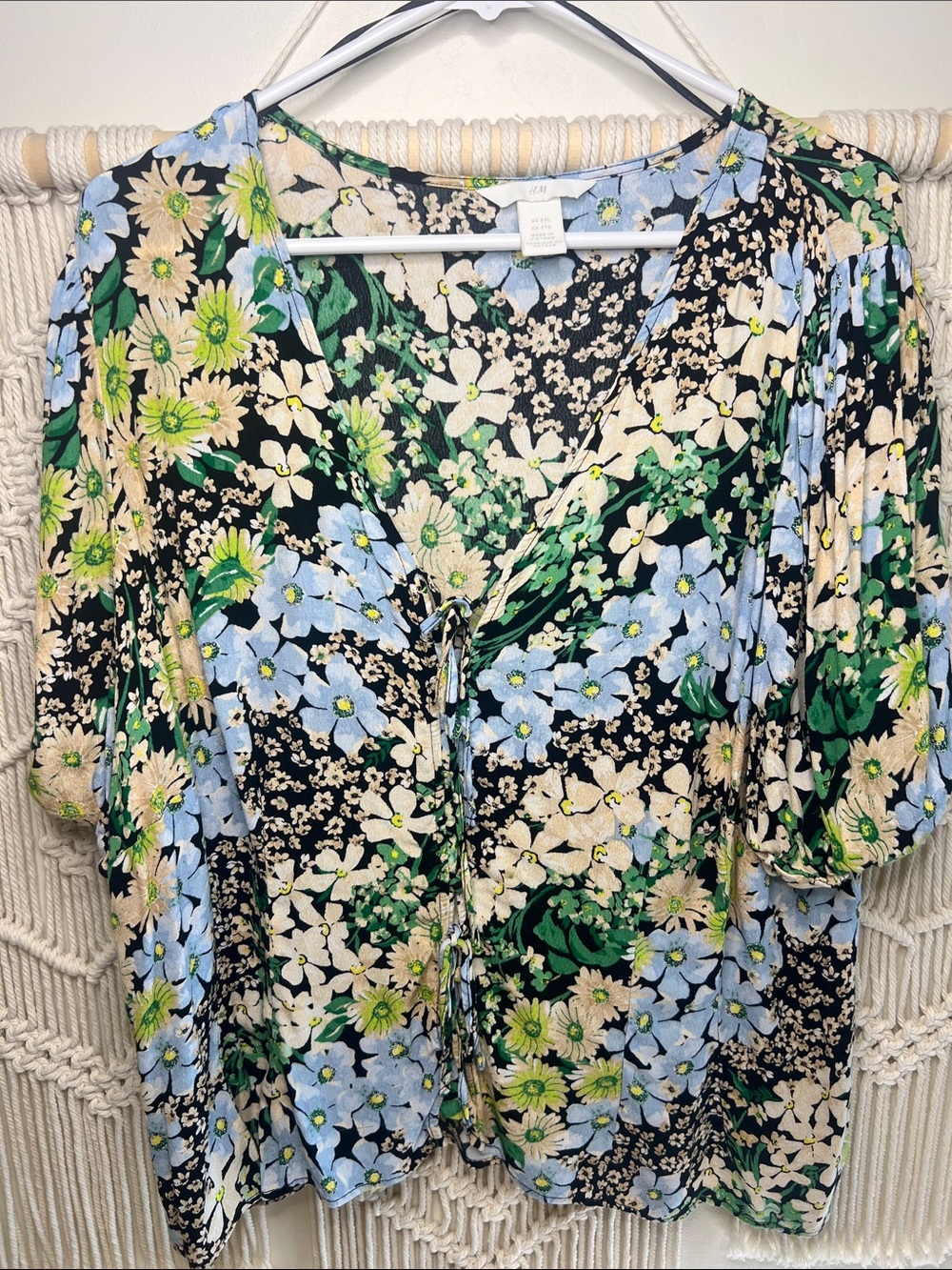 H&M Black Floral Tie-Front V-Neck Blouse with Blue, Green & Cream